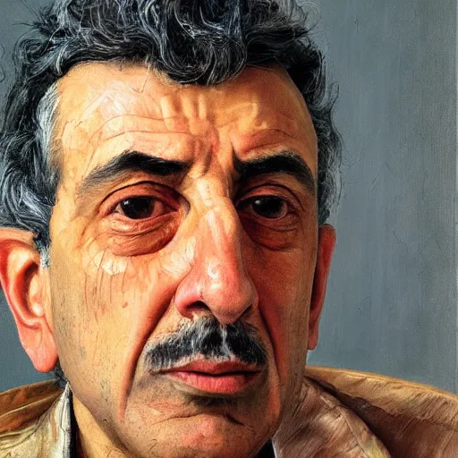 Prompt: high quality, high detail, realistic portrait of bahram beyzai, painted by lucian freud, dramatic lighting, cinematic composition