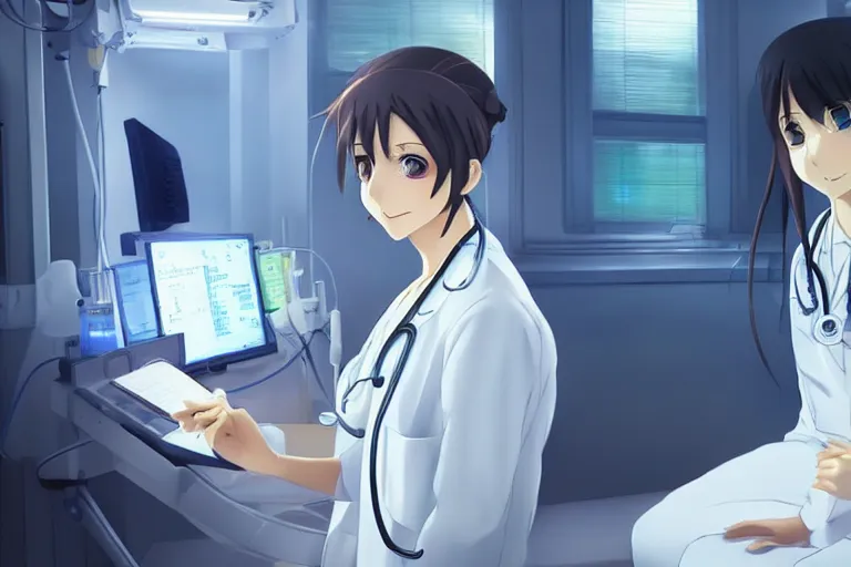 Image similar to a cute and beautiful young lady, a doctor wearing white coat in hospital ward, highly detailed, slice of life anime, anime scenery by Makoto shinkai