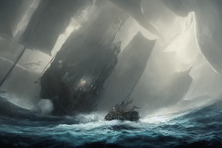 Image similar to Ancient Greek Sailing Vessel, The Argo, Plows through storm tossed ocean waves, Scylla and Charybdis, enormous Krakens, threaten from a rocky caves, the air is alive with rain lighting and fear by Jessica Rossier and HR Giger cinematic concept painting