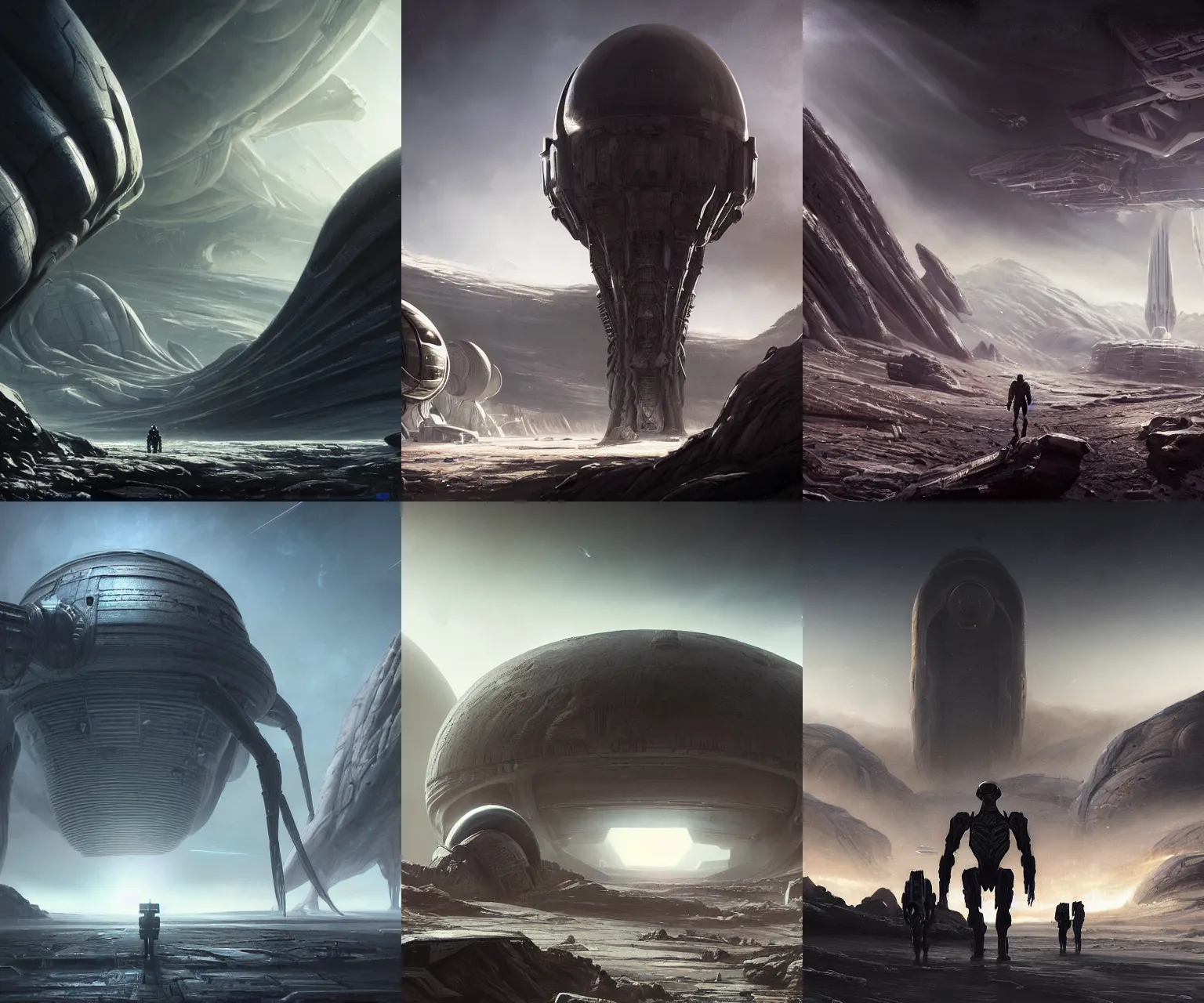 Prompt: scifi action scene greg rutkowski and raymond swanland digital painting of a spaceport, very large giger alien approaching, lunar landscape in the background, epic shot, unreal engine, hyper realism, realistic shading, cinematic composition, blender render, octane render, hdr, detailed textures, photorealistic, ultrawide shot, 3 5 mm film