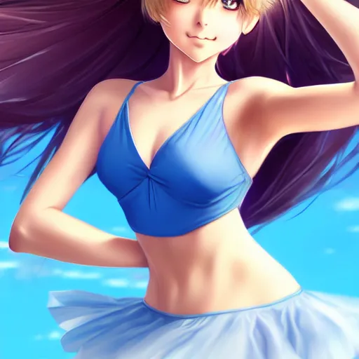 Image similar to a very beautiful young mature anime ballet girl, full body, long wavy blond hair, sky blue eyes, full round face, short smile, bikini, miniskirt, highly detailed, cinematic wallpaper by stanley artgerm lau