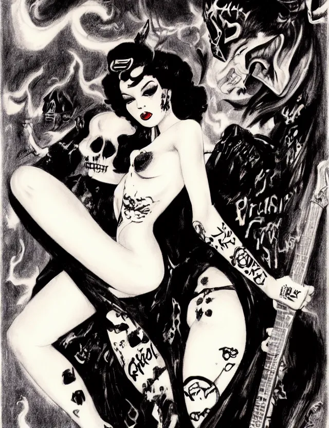 Image similar to of a goth girl burlesque psychobilly, rockabilly, punk, black hair, detailed face, white background, drawing, illustration by frank frazetta