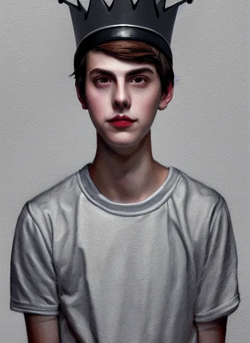 Image similar to portrait of teenage jughead jones wearing a light grey crown, photorealistic, crown, eyes closed, crown, black hair, intricate, elegant, glowing lights, highly detailed, digital painting, artstation, concept art, smooth, sharp focus, illustration, art by wlop, mars ravelo and greg rutkowski