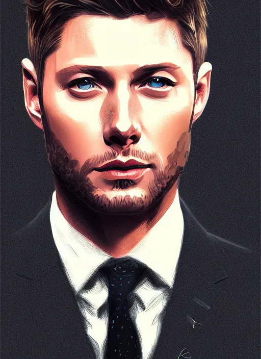 Prompt: portrait of jensen ackles, dramatic expression looking down, full body, lawyer suit, intricate, hivis, elegant, beautiful, highly detailed, digital painting, artstation, concept art, smooth, sharp focus, illustration, art by sakimi chan and guweiz