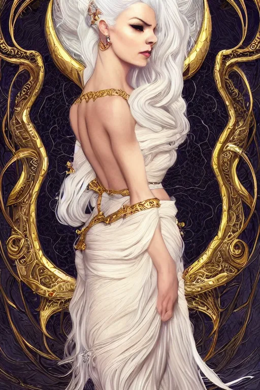 Image similar to fullbody!! of a beautiful woman with white hair, big natural horns on her head, long flowing intricate black lace dress, gold and gemstone jewellery, dnd, face, fantasy, intricate, elegant, highly detailed, digital painting, artstation, concept art, smooth, sharp focus, illustration, art by artgerm and greg rutkowski and alphonse mucha