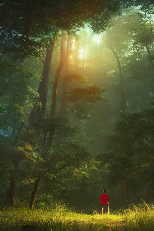 Image similar to young man with wavy back shoulder length hair, plain cotton shorts, back view, trees, detailed forest background, webtoon, breathtaking scenery, colourful, 8 k, graphic novel, digital art trending on artstation, volumetric lighting, octane render, cinematic, hyper detailed, magical atmosphere