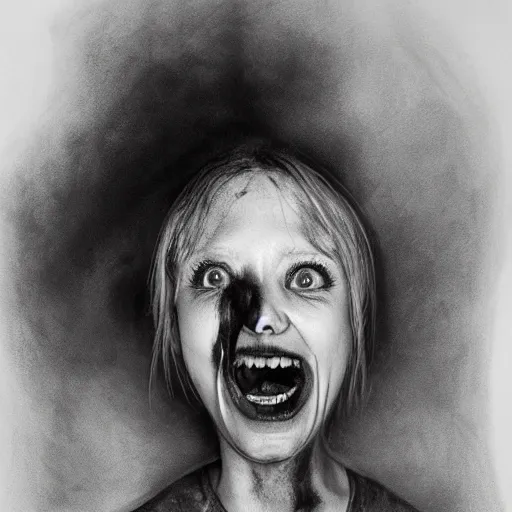 Prompt: a black and white drawing of a person with their mouth open, a charcoal drawing by Stephen Gammell, cgsociety, sots art, charcoal drawing, matte drawing, concept art