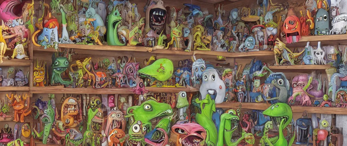 Prompt: an aaahh!!! Real monsters shop shelf by James Gurney | close up