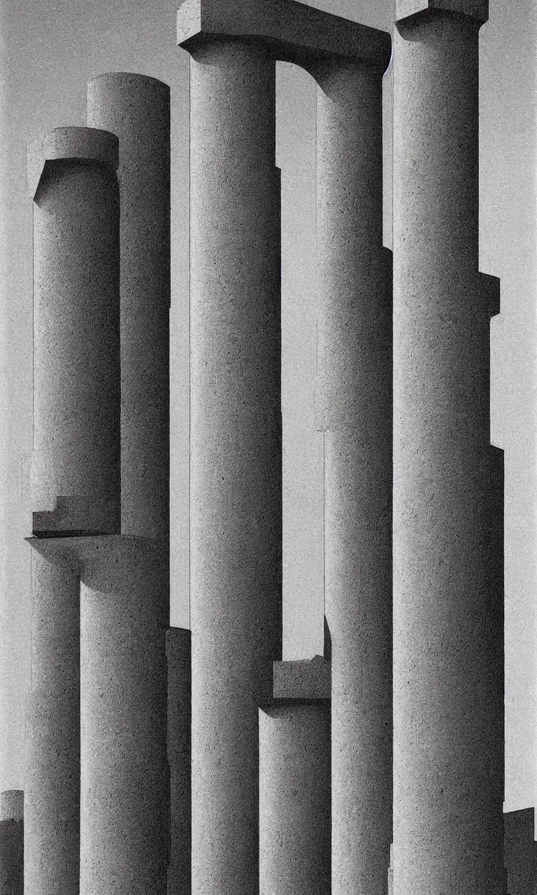 Image similar to surreal greek doric column brutalist spomenik structure, Bauhaus Poster by Richard Corben by René Magritte, surrealism