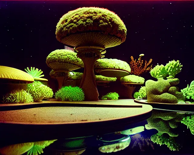 Prompt: low angle shot of a space station at night, aquatic plants, coral, shabby chic, cinematography by Jim Jarmusch, composition by Hale Woodruff, in the style of Ilya Kuvshinov, set design by Antonin Gaudí, 35mm, graflex, color film photography