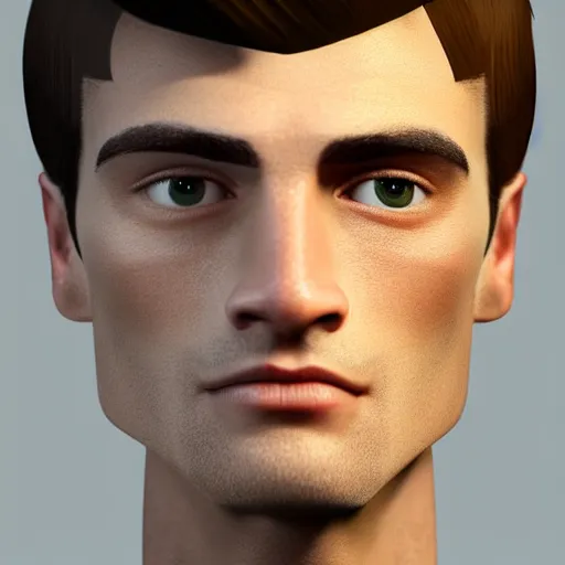 Image similar to tall man in his twenties with brown blond short quiff hair and thin slightly round facial structure with cleft chin, straight eyebrows and prominent nose, good definition of cheekbones, big hazel nut brown eyes, narrow face, slim body, atmospheric lighting, unreal engine 5, minecraft, highly detailed by charlie bowater