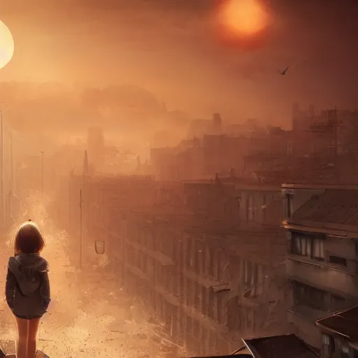 Prompt: A beautiful picture of a small suicidal girl against the background of a destroyed city and a yellow -red moon, artstation and Frederik Heyman, extremely detailed, stunning volumetric lighting, hyper realism, fantasy 4k