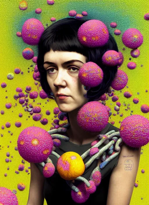 Image similar to hyper detailed 3d render like a Oil painting - Ramona Flowers with black hair in thick mascara seen seriously Eating of the Strangling network of colorful adorable yellowcake and aerochrome and milky Fruit and Her delicate Hands hold of gossamer polyp blossoms bring iridescent fungal flowers whose spores black the foolish stars by Jacek Yerka, Mariusz Lewandowski, Houdini algorithmic generative render, Abstract brush strokes, Masterpiece, Edward Hopper and James Gilleard, Zdzislaw Beksinski, Mark Ryden, Wolfgang Lettl, Dan Hiller, hints of Yayoi Kasuma, octane render, 8k