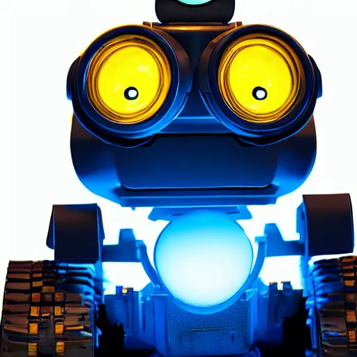 Image similar to wall - e, blue and yellow glowing lights, dark, highly detailed, close up