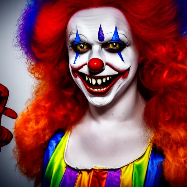 Prompt: full length photo of a beautiful female killer clown, highly detailed, 8 k, hdr, close up, smooth, sharp focus, high resolution, award - winning photo