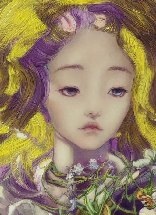 Image similar to little elf girl, santa claus suit, soft hair. light color palate, purple, yellow and white. detailed soft painting, ayami kojima, made in abyss, anatomically correct, inspired in balthus, high detailed face anime, vogue magazine, glorious composition, mobile wallpaper