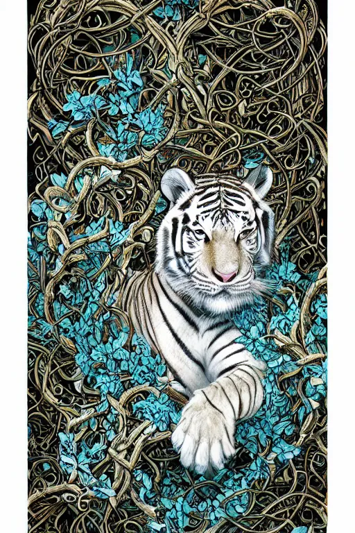 Prompt: ultra realistic full - body white tiger wrapped in vines and white flowers + black paper + elements + white + gold + cyan + baroque + rococo + ink, marc simonetti, paul pope, peter mohrbacher, detailed, intricate ink illustration