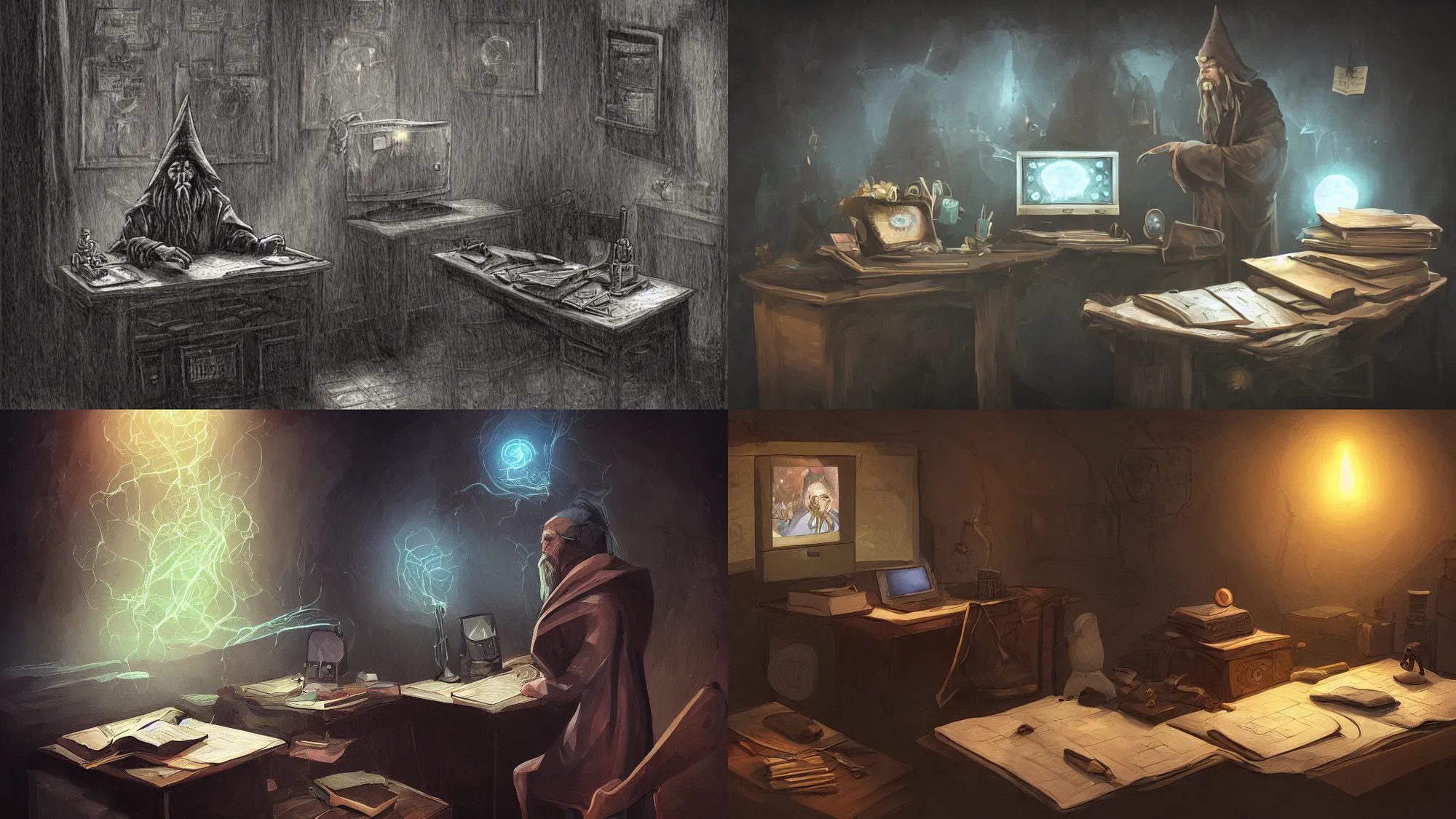 Prompt: wizard, radio box, desk in a dark room, digital 2d fantasy art