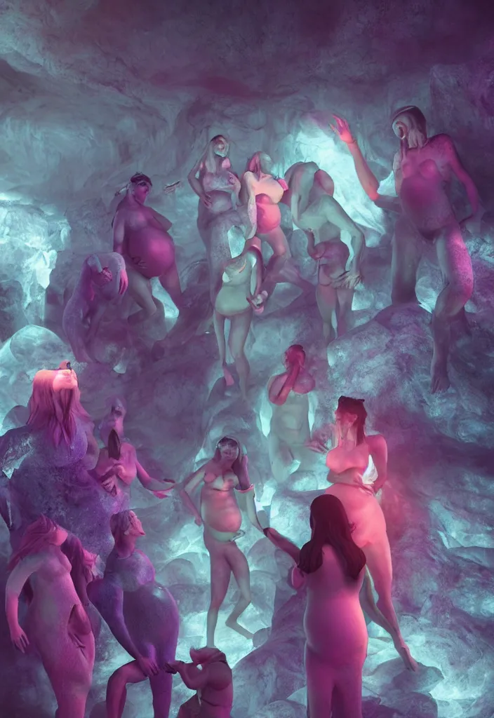 Image similar to epic pregnant woman talking to all her tribe with fluorescence bodies, proud people gather around the pregnant woman, ice cave, facinating, fantasy digital art, octane render, beautiful composition, trending on artstation, award - winning photograph, masterpiece