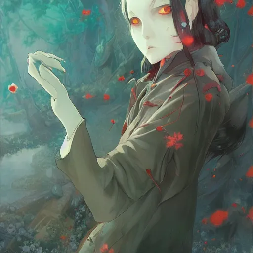 Image similar to Vampire traveling through a beautiful psychedelic world, horror, illustrated by Krenz Cushart and Hayao Miyazaki, trending on artstation