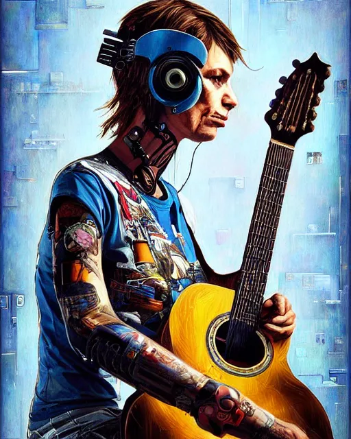 Image similar to a portrait of an anthropomorphic cyberpunk eagle strumming an acoustic guitar by sandra chevrier, by jon foster, detailed render, tape deck, epic composition, cybernetics, 4 k realistic, cryengine, realistic shaded lighting, sharp focus, masterpiece, by enki bilal