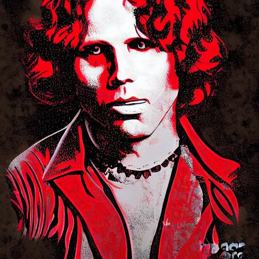 Prompt: Jim Morrison, The Doors, Detailed, Mixed Media, Cream paper, black, red, cyan, Digital Art. DeviantArt