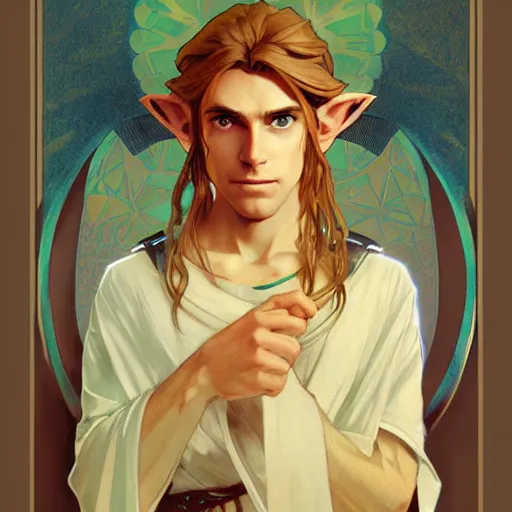 Image similar to Stunning portrait of a young Link from the Legend of the Zelda. Art by Greg Rutkowski and Alphonse Mucha