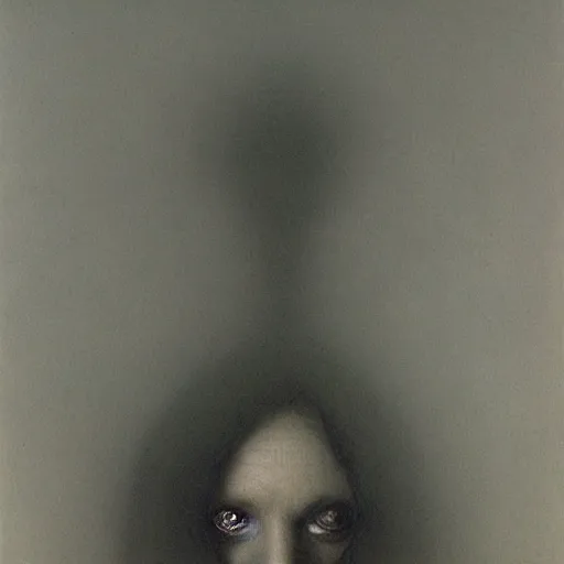 Image similar to portrait photo of a woman by Zdzislaw Beksinski, sad, black eyes