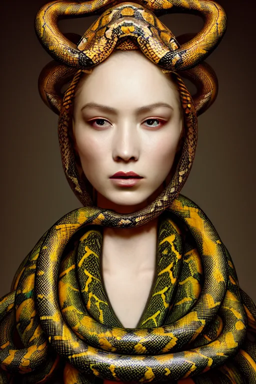 Image similar to a beautiful empress portrait, with a brilliant, impossible striking big Snake headpiece, clothes made of snakes, everything snakes, boa, symmetrical, dramatic studio lighting, rococo, baroque, greens, asian, hyperrealism, closeup, D&D, fantasy, intricate, elegant, highly detailed, digital painting, artstation, octane render, 8k, concept art, matte, sharp focus, illustration, art by Artgerm and Greg Rutkowski and Alphonse Mucha