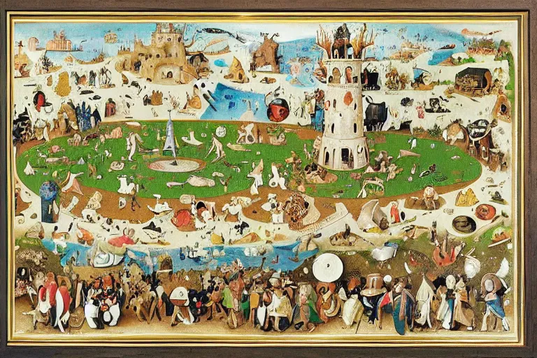 Image similar to an elaborate and dense painting of a kids road carpet map, detailed, made of alcohol ink on parchment and penned illustrations, by wes anderson and ( ( ( ( ( hieronymus bosch ) ) ) ) ) and geoff darrow!!!!!