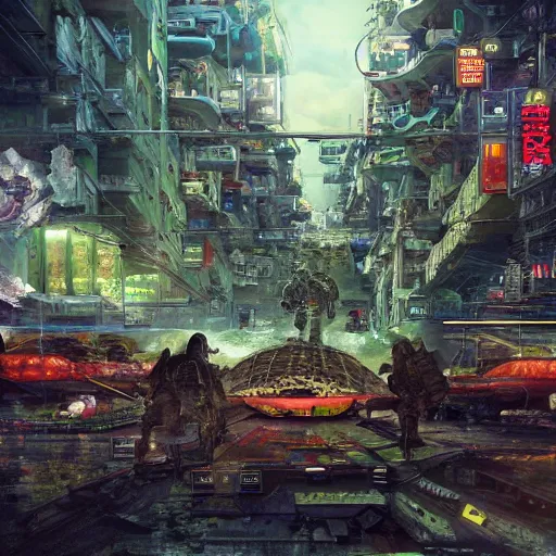 Prompt: Concept Digital Art Highly detailed Giant Watermelon war machine protecting Ukrainian city from Orks by Taras Shevchenko and Stephen Hickman and Beeple. Very highly detailed 8K,Pentax 67, Kodak Portra 400 in style of Hiromasa Ogura Ghost in the Shell, the golden ratio, rational painting