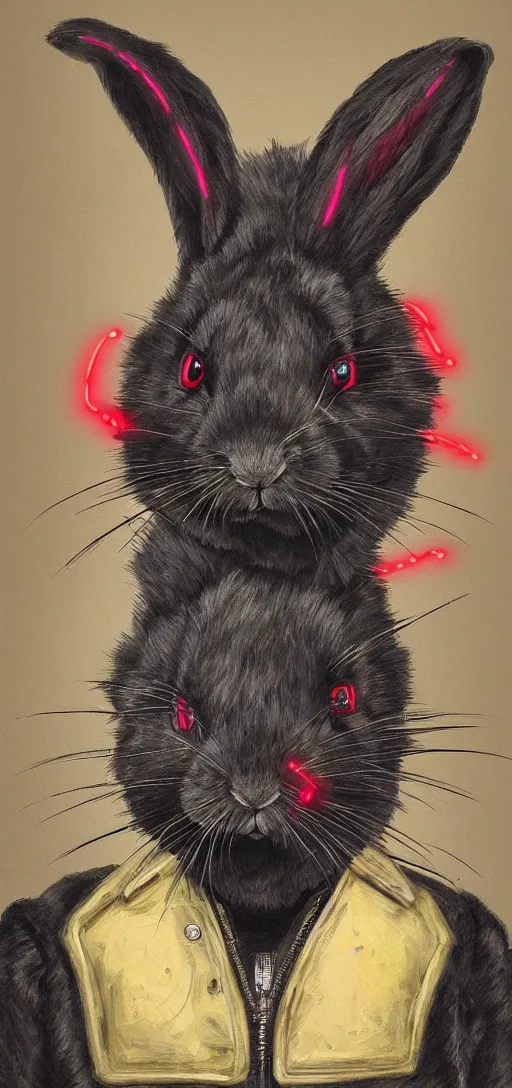 Image similar to portrait of neon fur rabbit with red eyes and a machine gun , 8k, highly detailed, sharp, realistic, in style of Brom