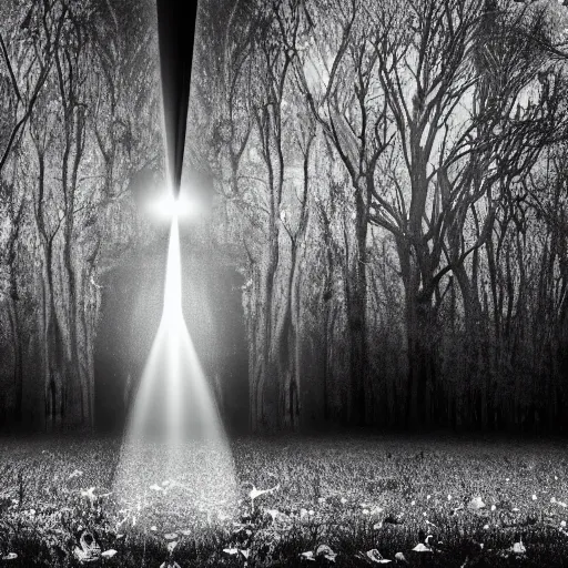 Image similar to ufo floating in the sky, beam of light coming down, 👽 abduction, dark, night, trees award - winning photo