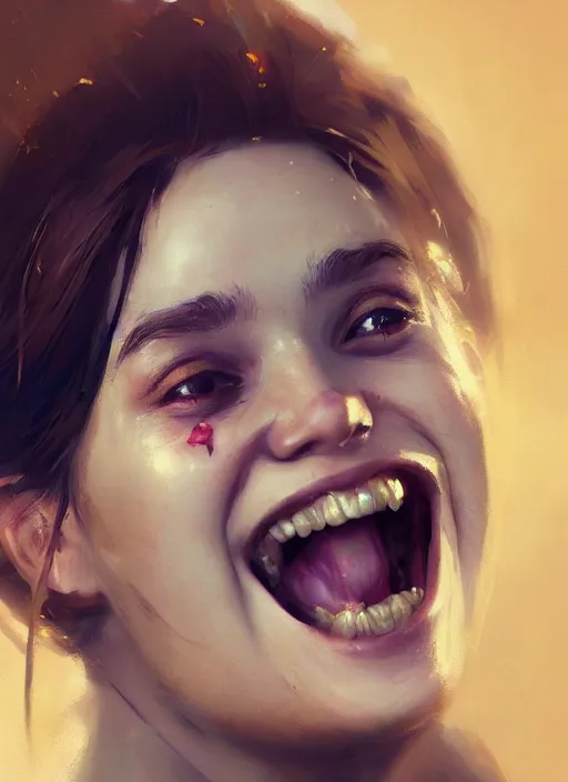 Image similar to hyper realistic photography portrait of beautiful laughing girl cinematic, vallejo, full shot, craig mullins greg rutkowski, artstation, cgsociety