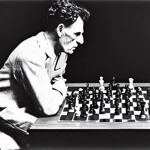 Image similar to ludwig wittgenstein and a robot, playing chess, dramatic angle