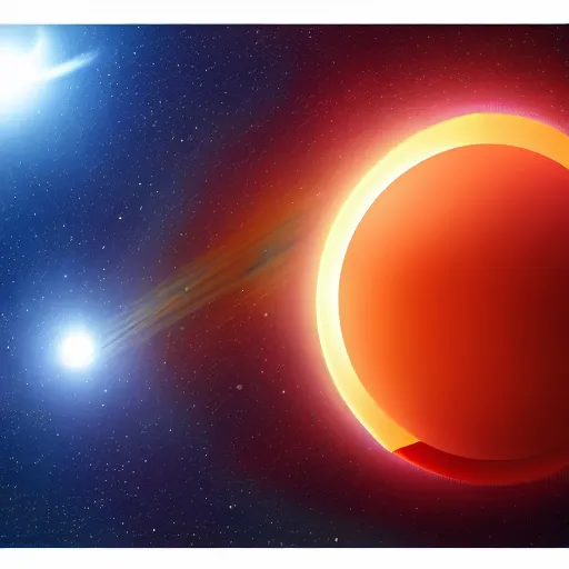 Image similar to orange and blue alien planet landscape with a solar eclipse in the sky, comic book picture