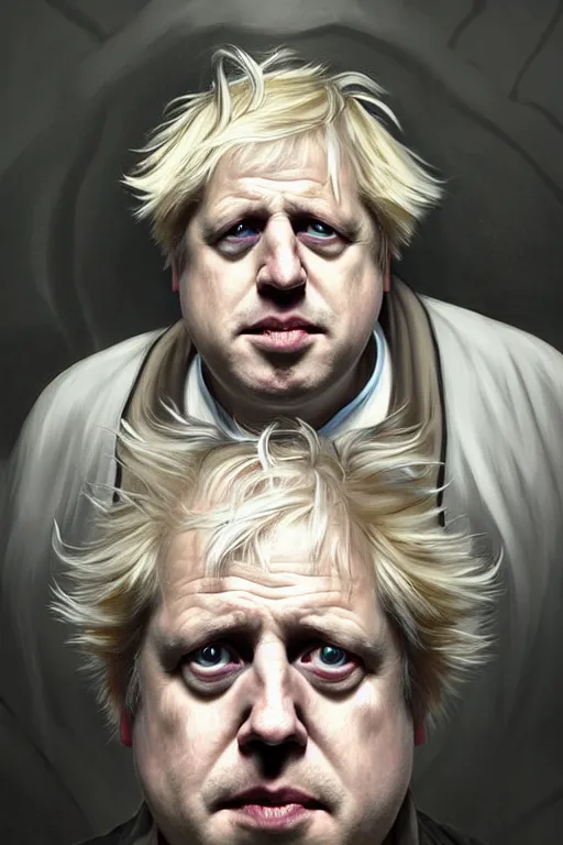 Image similar to Boris Johnson as drunk genius Rick Sanchez, one eyebrow, white robe, big eyes, 2d portrait, symmetrical, highly detailed, digital painting, artstation, concept art, smooth, sharp focus, illustration, cinematic lighting, art by artgerm and greg rutkowski and alphonse mucha