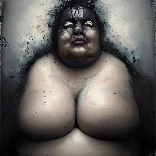 Image similar to portrait of the face of big fat old sumoringer as despair from sandman, venus of willendorf, by jeremy mann, by gregory crewdson, by bastien lecouffe deharme, by russ mills, sad face, topknot, black hair, mourning, black eyes, white room, soft lightning, high detailed, 8 k