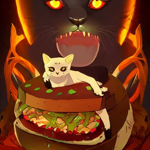 Prompt: scared cat attacked by the giant carnivorous sandwich, artstation hq, dark phantasy, stylized, symmetry, modeled lighting, detailed, expressive, created by hayao miyazaki