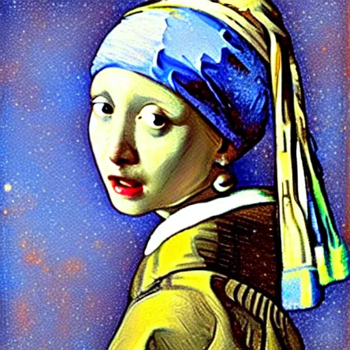 Prompt: girl with a pearl earring, in the style of the starry night by van gogh