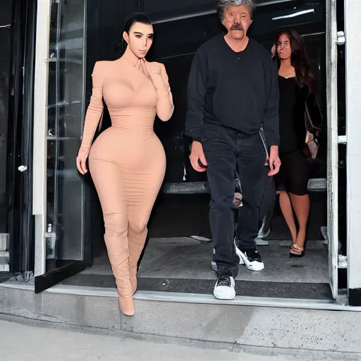 Image similar to paparazzi photo of kim kardashian on a date with einstein, wide angle, fisheye, uhd, 8k, award winning,