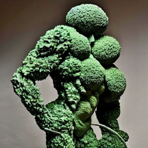 Image similar to sculpture of a bodybuilder made entirely from fresh broccoli by antoni gaudi