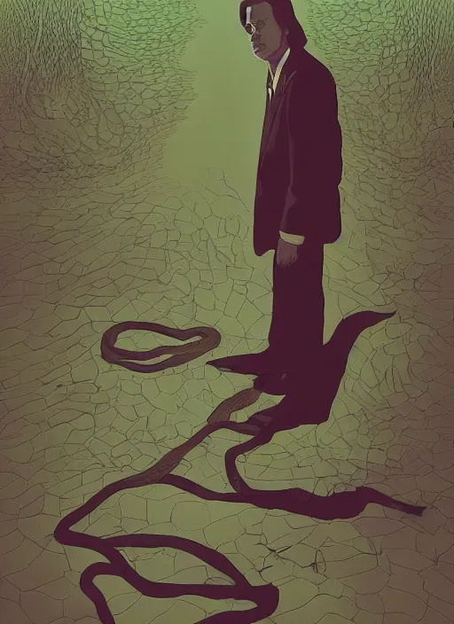 Prompt: Twin Peaks movie poster artwork by Michael Whelan and Tomer Hanuka, Rendering of snake is the grass, from a scene from Twin Peaks, clean, full of detail, Matte painting, trending on artstation and unreal engine