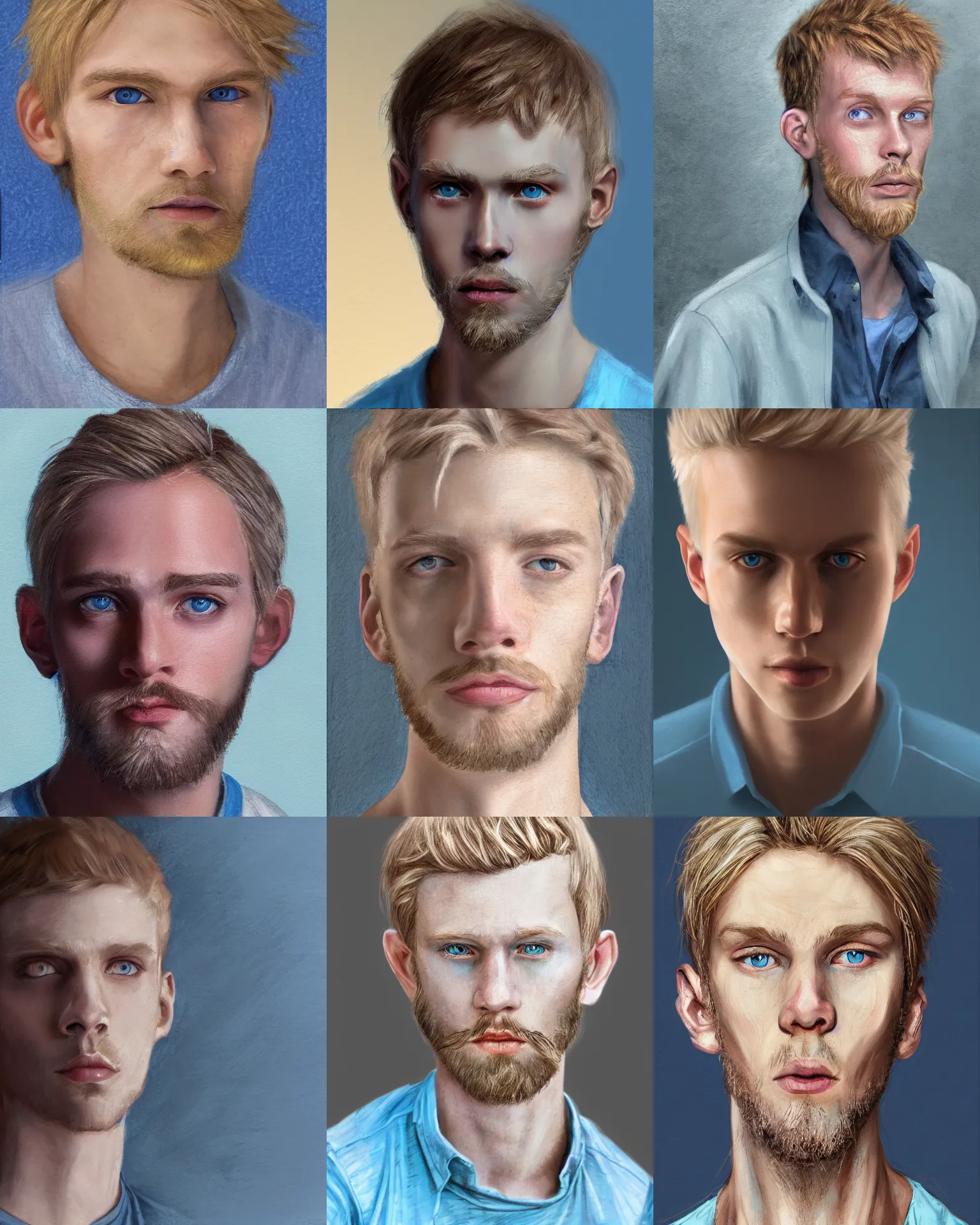 Prompt: digital pastel portrait of a skinny white male, slightly longer blond hair and a light stubble beard, wearing a light blue shirt, blue eyes, rugged, teenage, fantasy, wizard, trending artstation, dungeons & dragons, neutral expression, wooden background, award winning dark lighting, realistic, close up, oil painting