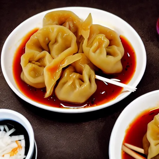 Image similar to delicious dumplings with chili sauce made by ghibli studios