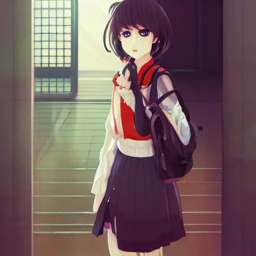 Image similar to portrait of the lone girl waiting for train at the station, anime fantasy illustration by tomoyuki yamasaki, kyoto studio, madhouse, ufotable, trending on artstation