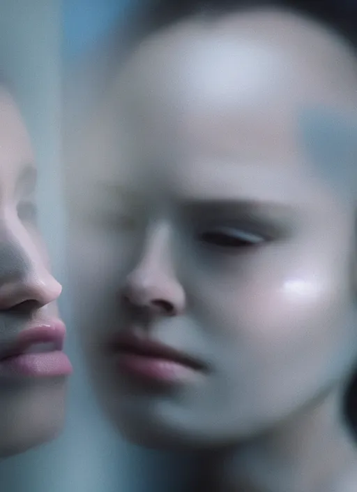 Prompt: cinestill 5 0 d photographic portrait of two loving female androids wearing rugged black mesh techwear in a desolate los angeles, extreme closeup, modern cyberpunk, dust storm, 8 k, hd, high resolution, 3 5 mm, f / 3 2, ultra realistic faces, ex machina