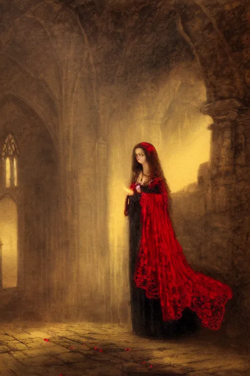 Image similar to baroque gothic woman wearing red silk and black lace, lit by a single candle, inside a ruined abbey, a crow watching, gustave dore, 4 k resolution, concept art, mist, autumnal, chiaroscuro,