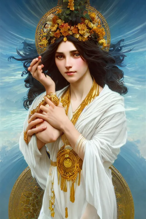 Image similar to goddess of love and peace, highly detailed, digital painting, artstation, concept art, smooth, sharp focus, illustration, Unreal Engine 5, 8K, art by artgerm and greg rutkowski and alphonse mucha