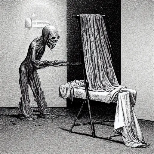 Image similar to a ghost ironing on an ironing board, art by beksinski, bernie wrightson, junji ito, trending on artstation, optical illusion, horror film, creepypasta